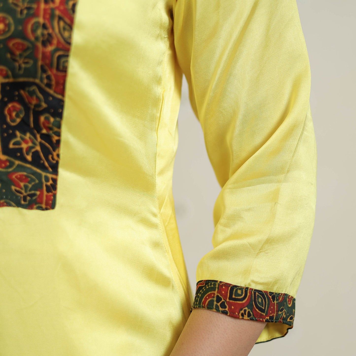  Plain Modal Silk A-Line Kurta with Ajrakh Patchwork 09 
