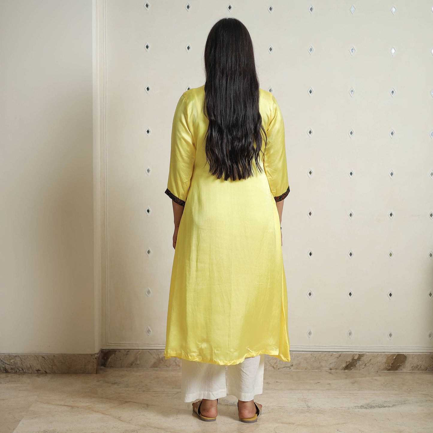  Plain Modal Silk A-Line Kurta with Ajrakh Patchwork 09 