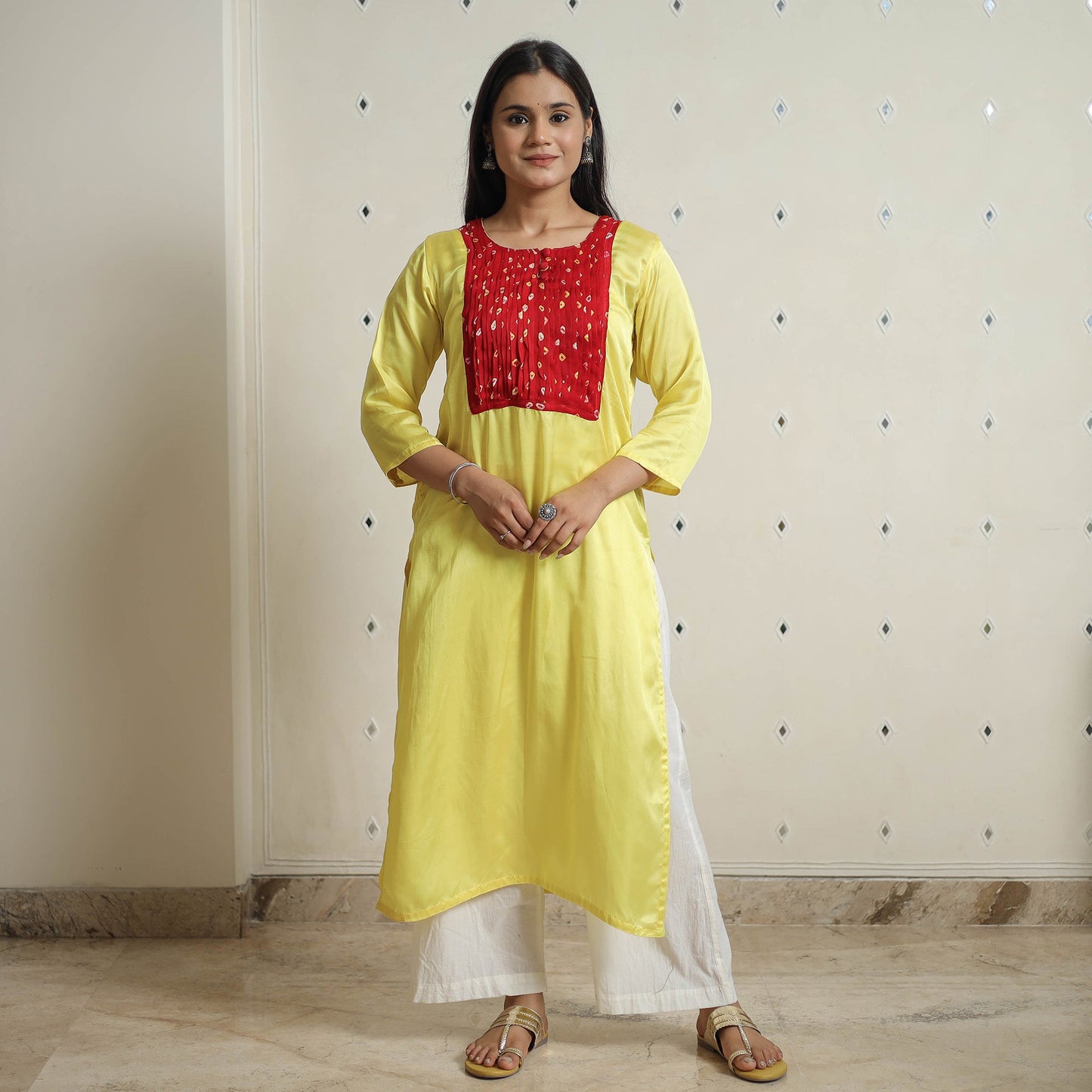  Plain Modal Silk Straight Kurta with Bandhani Pintuck Patchwork 02 