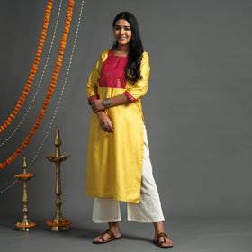  Yellow - Plain Tussar Silk Handloom Banarasi Patchwork Straight Kurta 