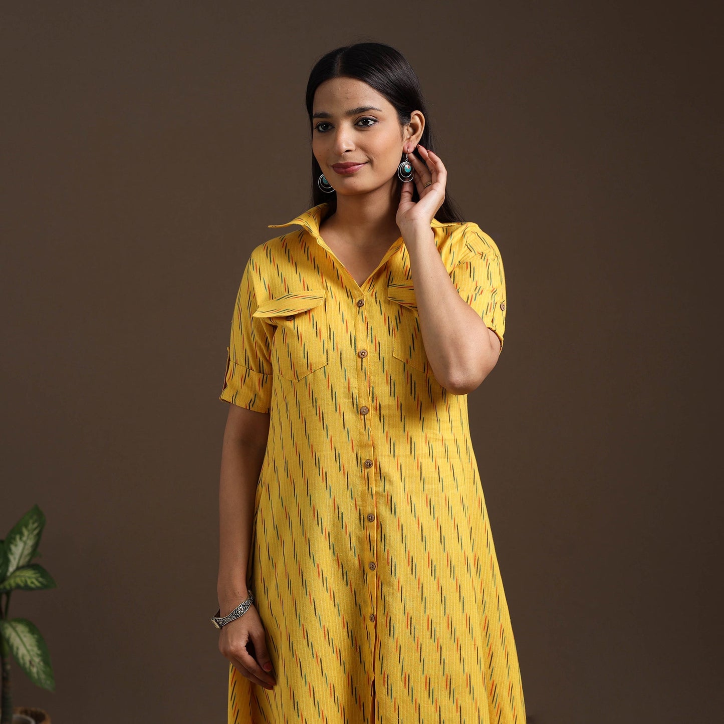Yellow - pochampally ikat cotton shirt midi dress 03