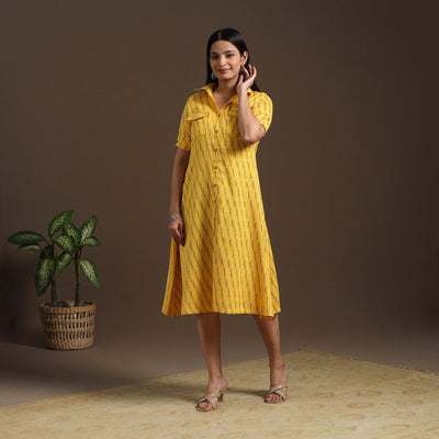 Yellow - pochampally ikat cotton shirt midi dress 03
