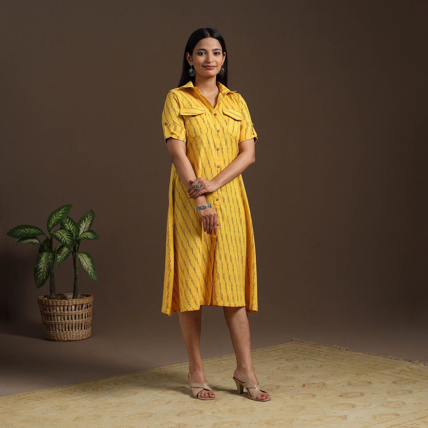 Yellow - pochampally ikat cotton shirt midi dress 03