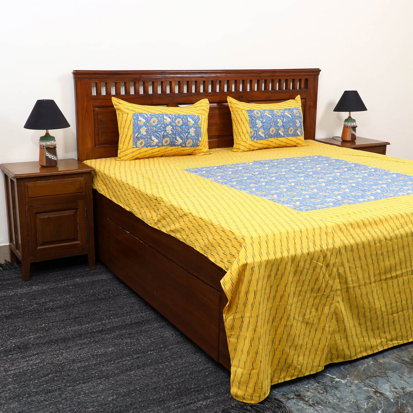 Yellow Pochampally Ikat with Sanganeri Patch Cotton Bedsheet Set