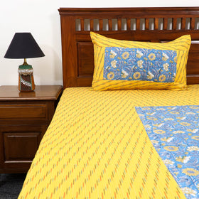 Yellow Pochampally Ikat with Sanganeri Patch Cotton Bedsheet Set