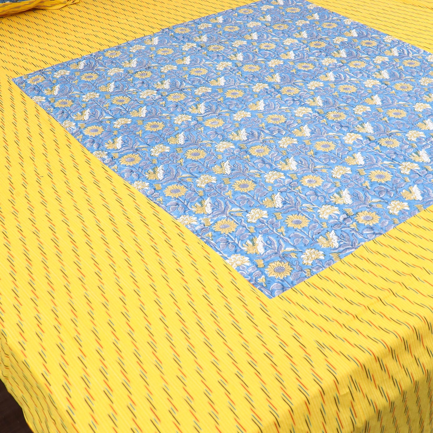 Yellow Pochampally Ikat with Sanganeri Patch Cotton Bedsheet Set