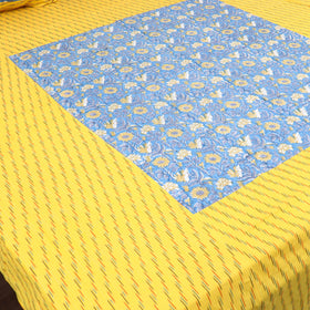 Yellow Pochampally Ikat with Sanganeri Patch Cotton Bedsheet Set