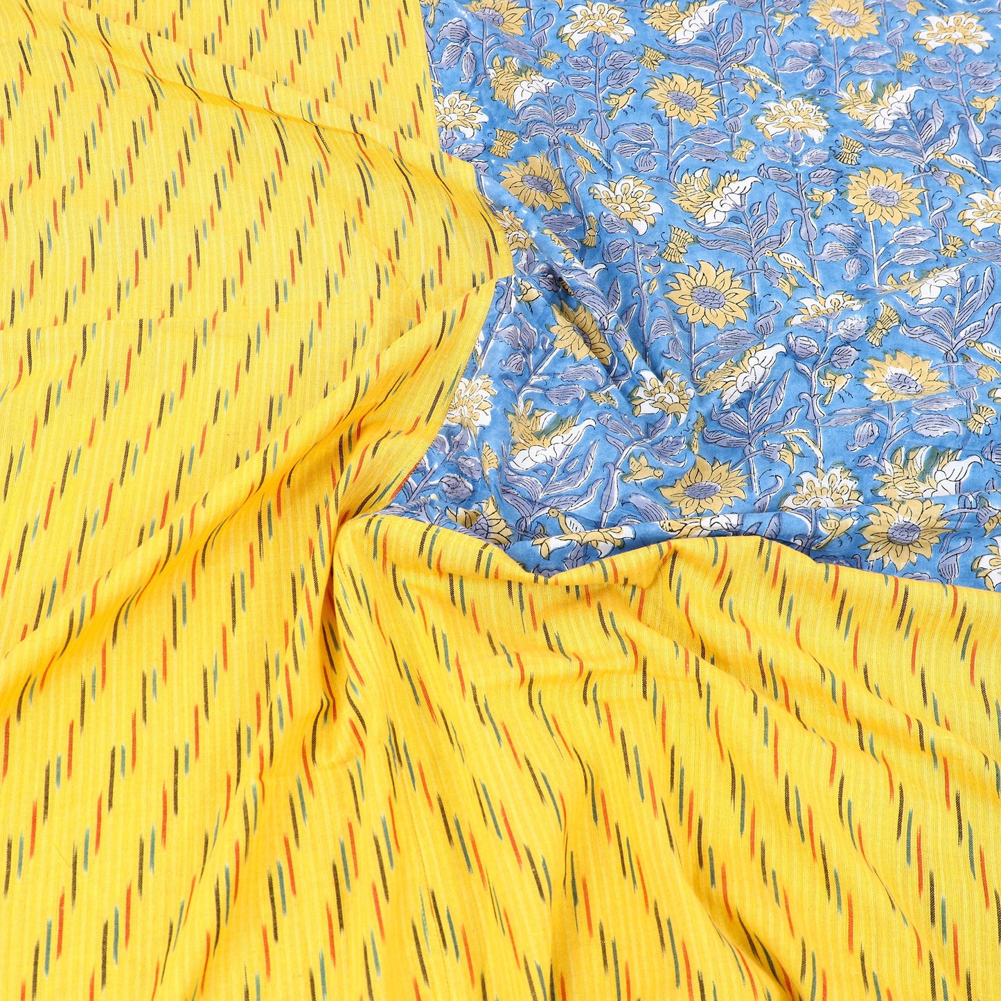 Yellow Pochampally Ikat with Sanganeri Patch Cotton Bedsheet Set
