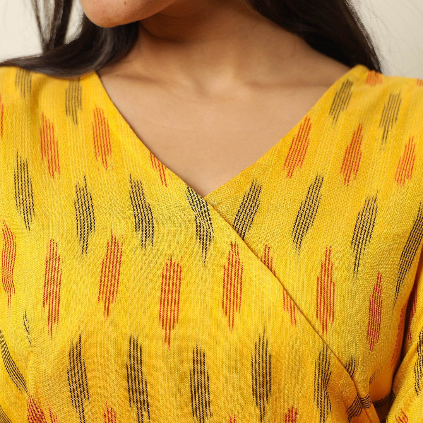 Yellow - Pochampally Ikat Weave Cotton Dress with Belt 20