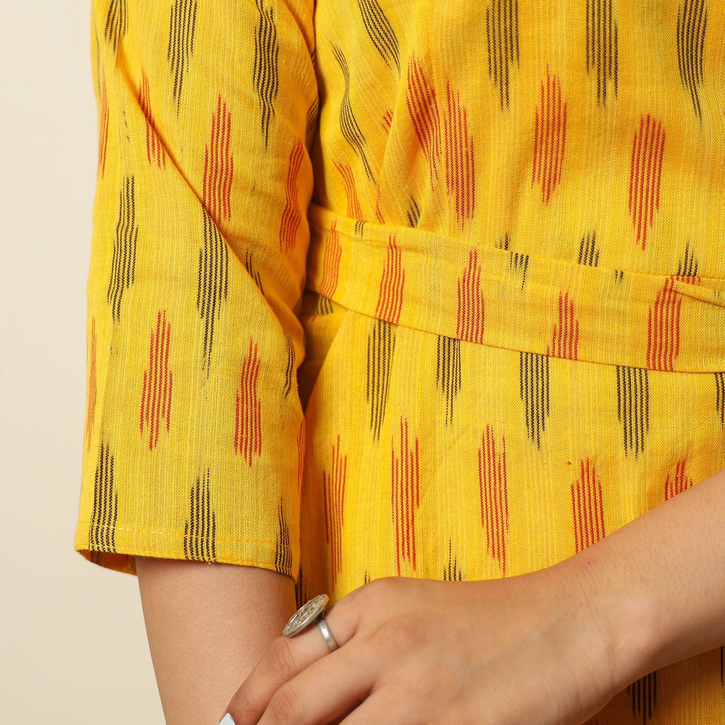 Yellow - Pochampally Ikat Weave Cotton Dress with Belt 20