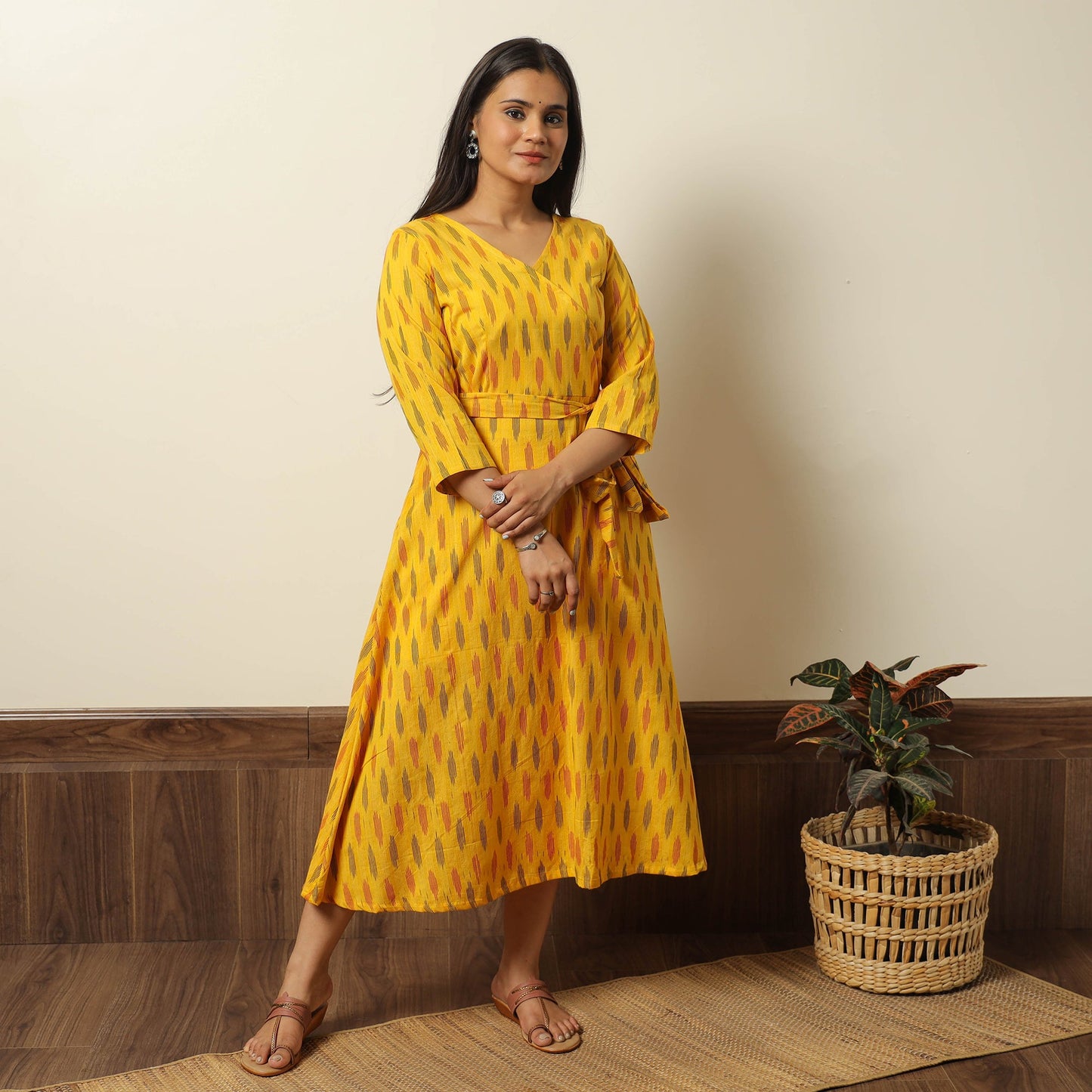 Yellow - Pochampally Ikat Weave Cotton Dress with Belt 20