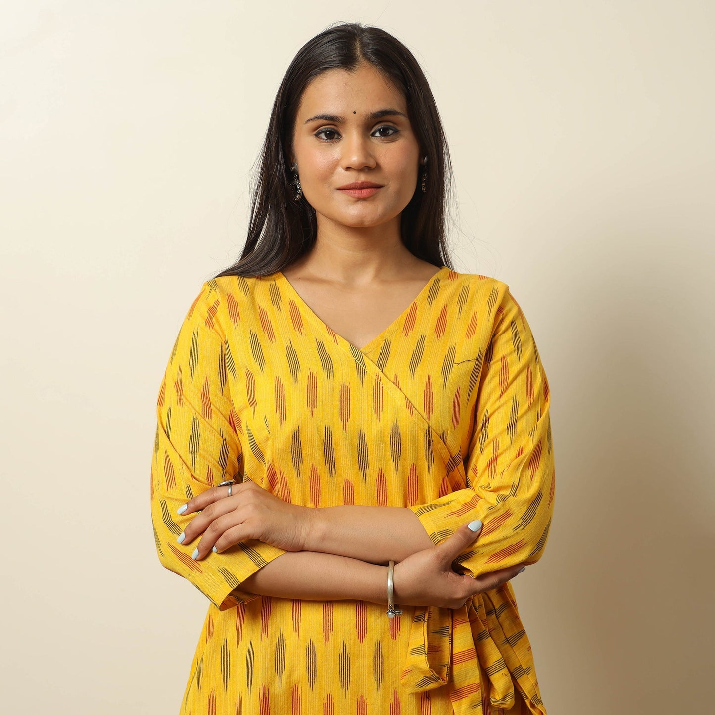 Yellow - Pochampally Ikat Weave Cotton Dress with Belt 20