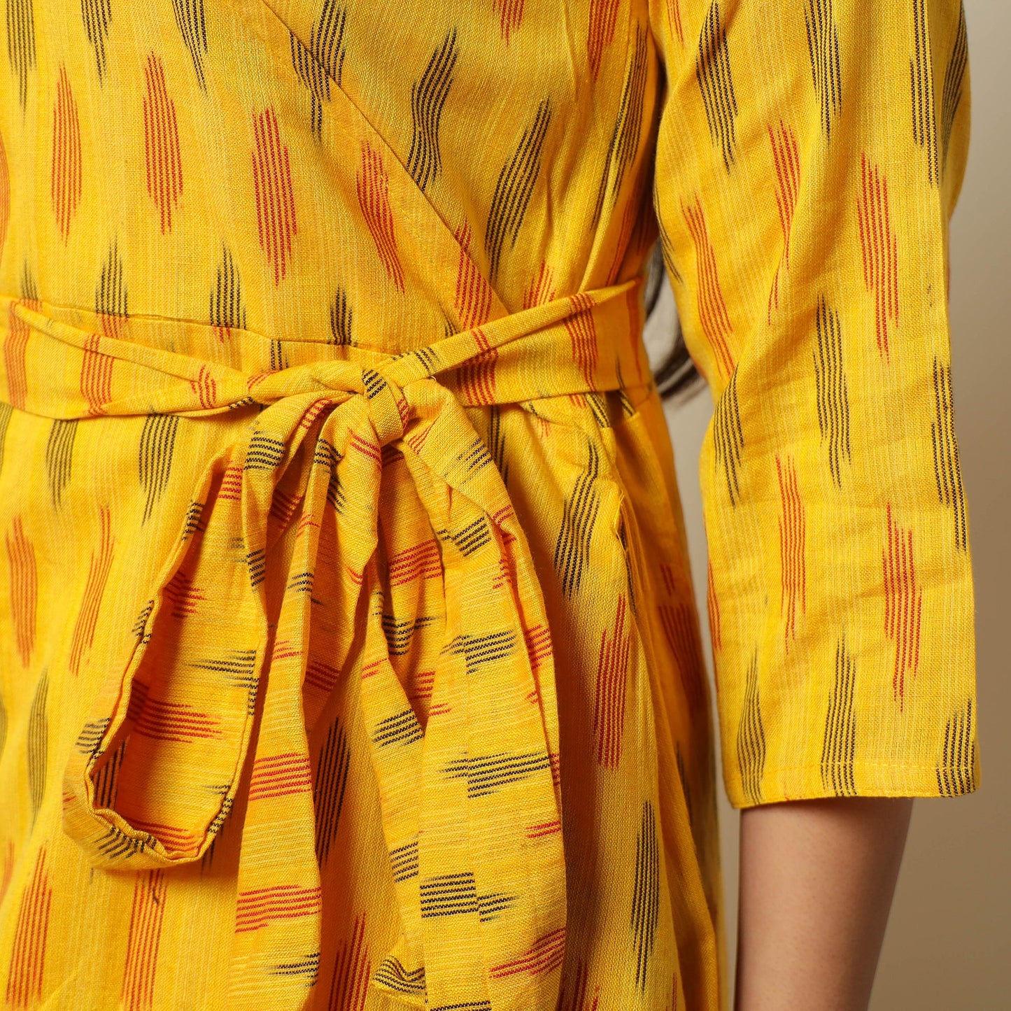 Yellow - Pochampally Ikat Weave Cotton Dress with Belt 20