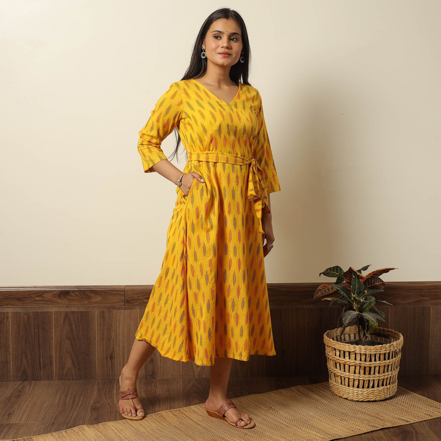 Yellow - Pochampally Ikat Weave Cotton Dress with Belt 20