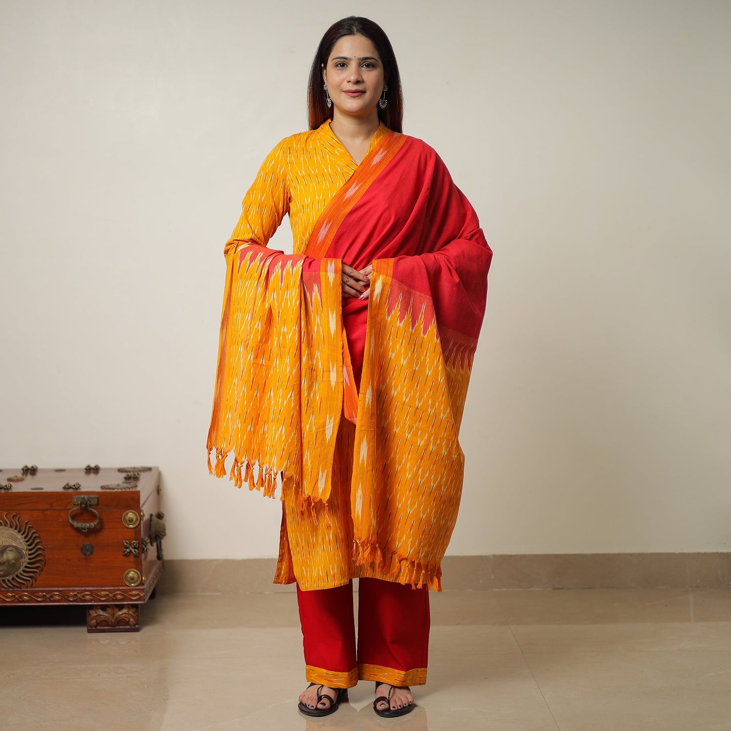 Pochampally Ikat Weave Cotton Kurta with Palazzo & Dupatta Set 01 