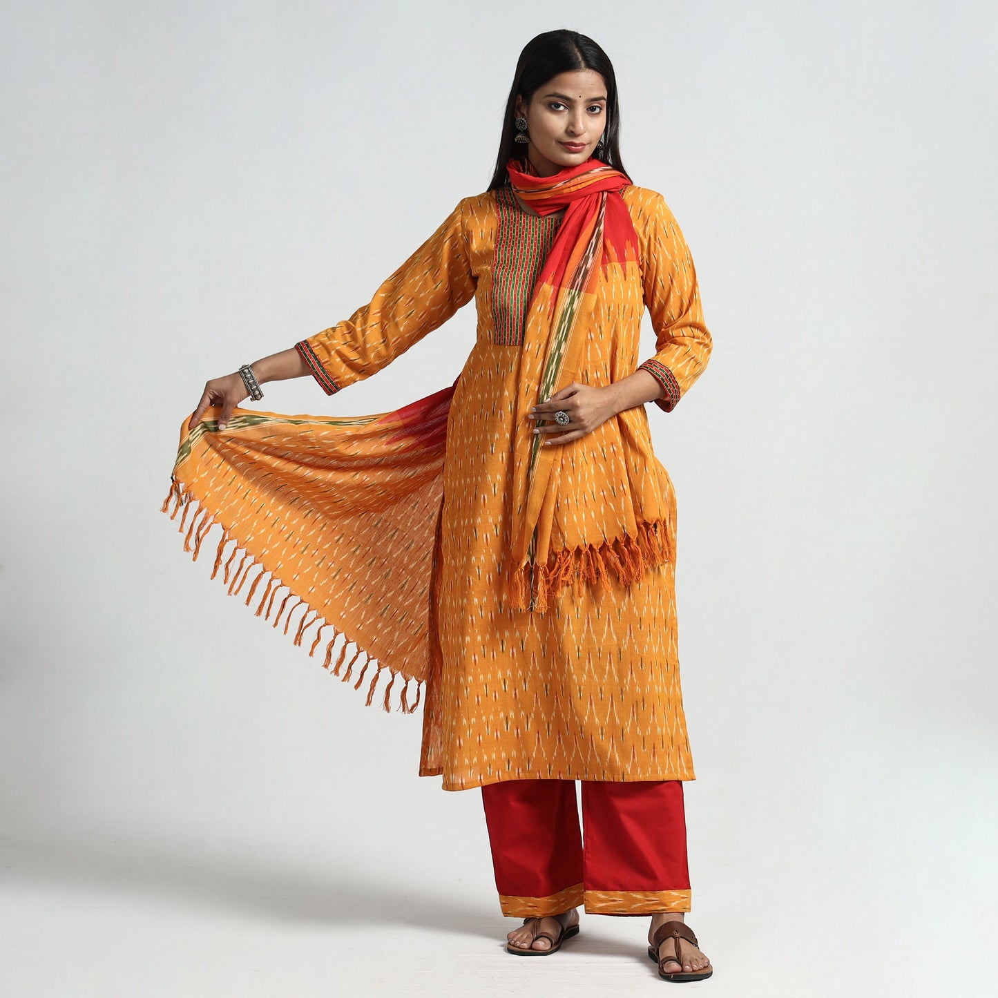 Pochampally Ikat Kurta with Palazzo & Dupatta Set
