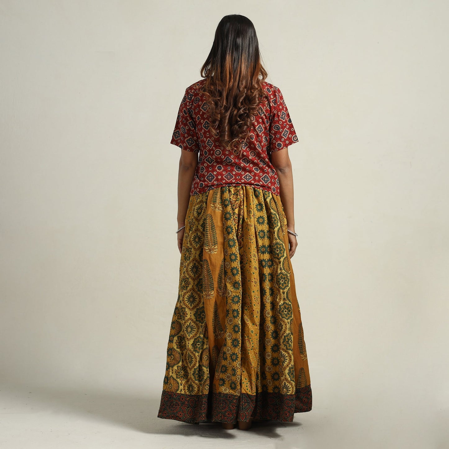 Yellow - printed 24 kali patchwork cotton long skirt 67