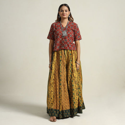 Yellow - printed 24 kali patchwork cotton long skirt 69