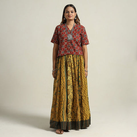 Yellow - printed 24 kali patchwork cotton long skirt 74