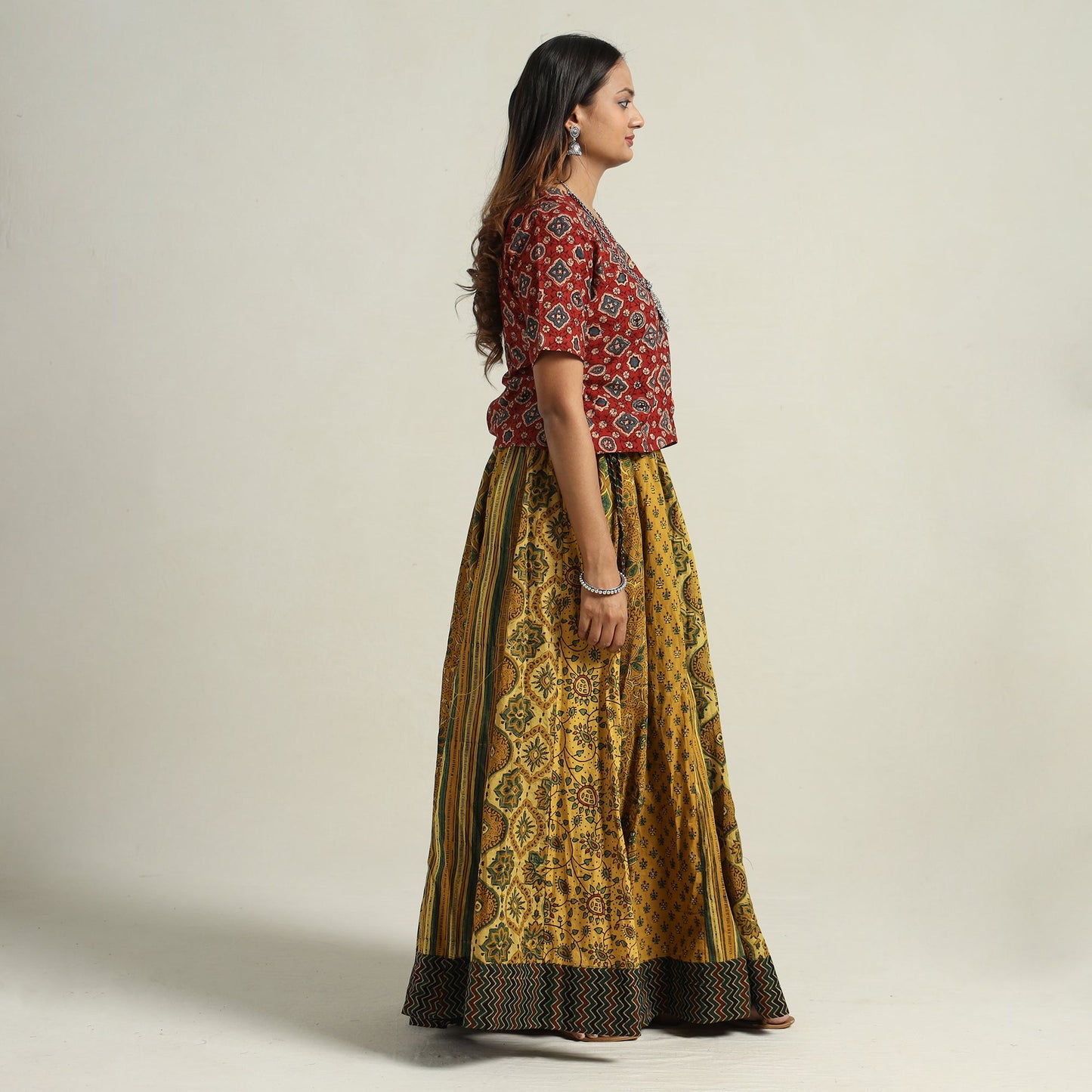 Yellow - printed 24 kali patchwork cotton long skirt 74