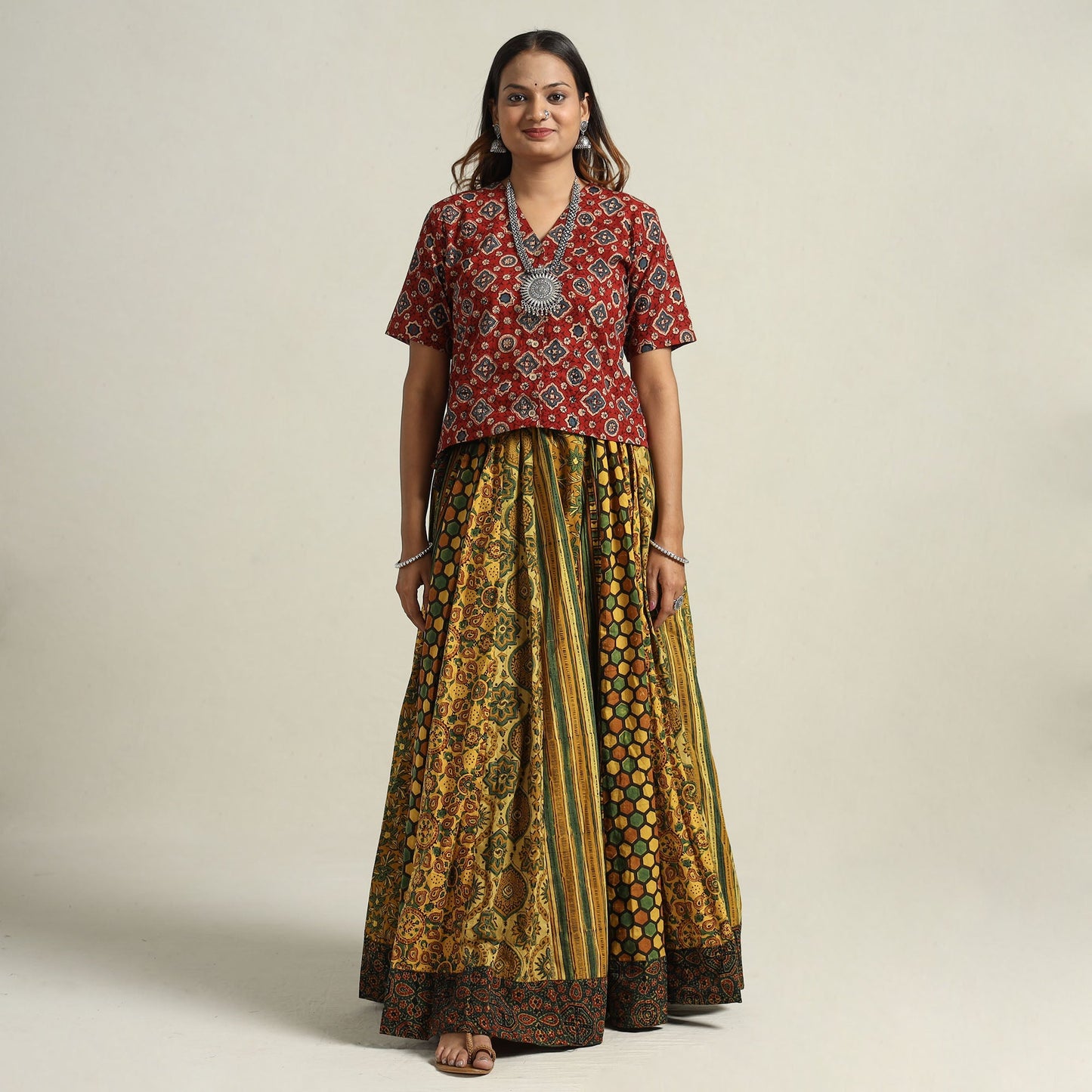 Yellow - printed 24 kali patchwork cotton long skirt 80