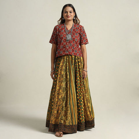 Yellow - printed 24 kali patchwork cotton long skirt 80