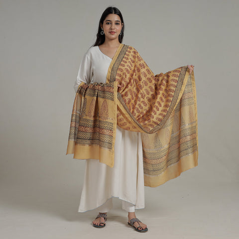 Yellow - Block Printed Chanderi Silk Bagh Dupatta 42