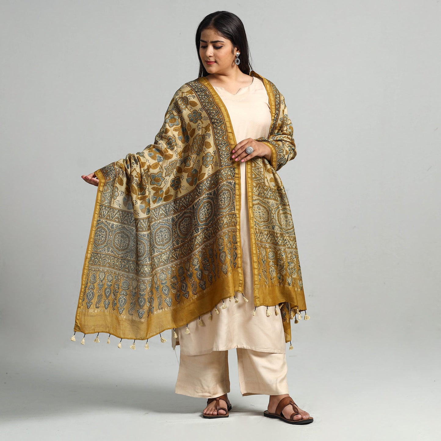 Yellow - Block Printed Chanderi Silk Handloom Ajrakh Dupatta 01