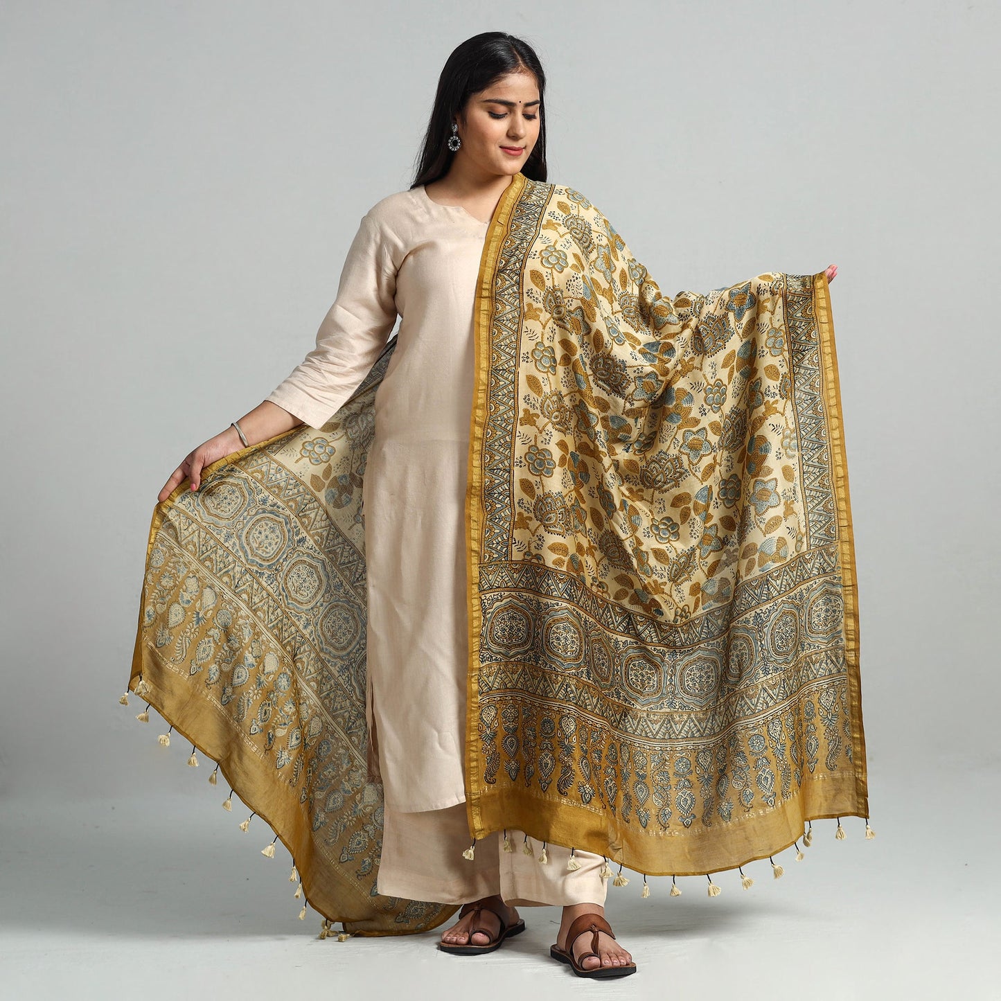 Yellow - Block Printed Chanderi Silk Handloom Ajrakh Dupatta 01