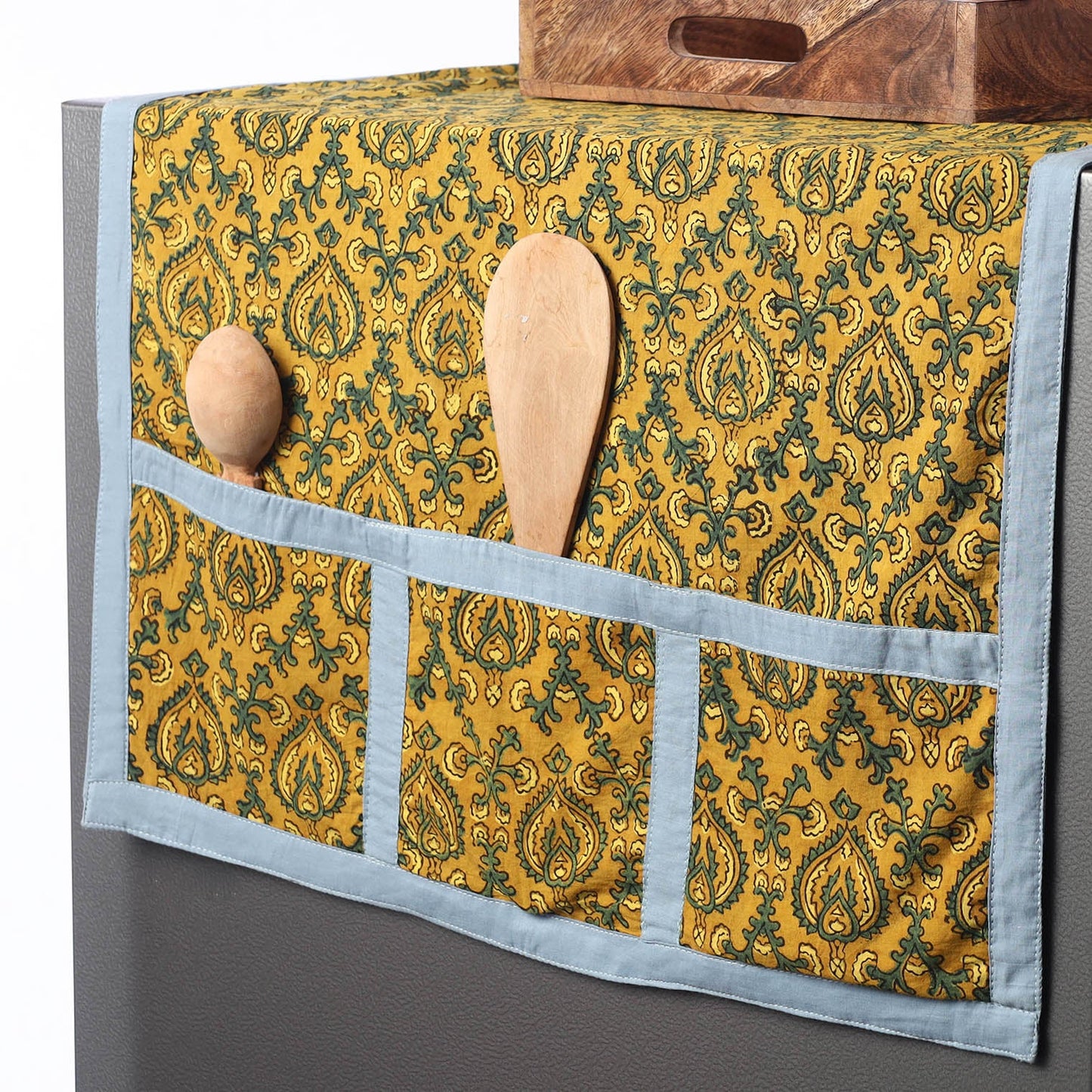 Yellow Ajrakh Block Printed Cotton Fridge Top Cover with Pockets