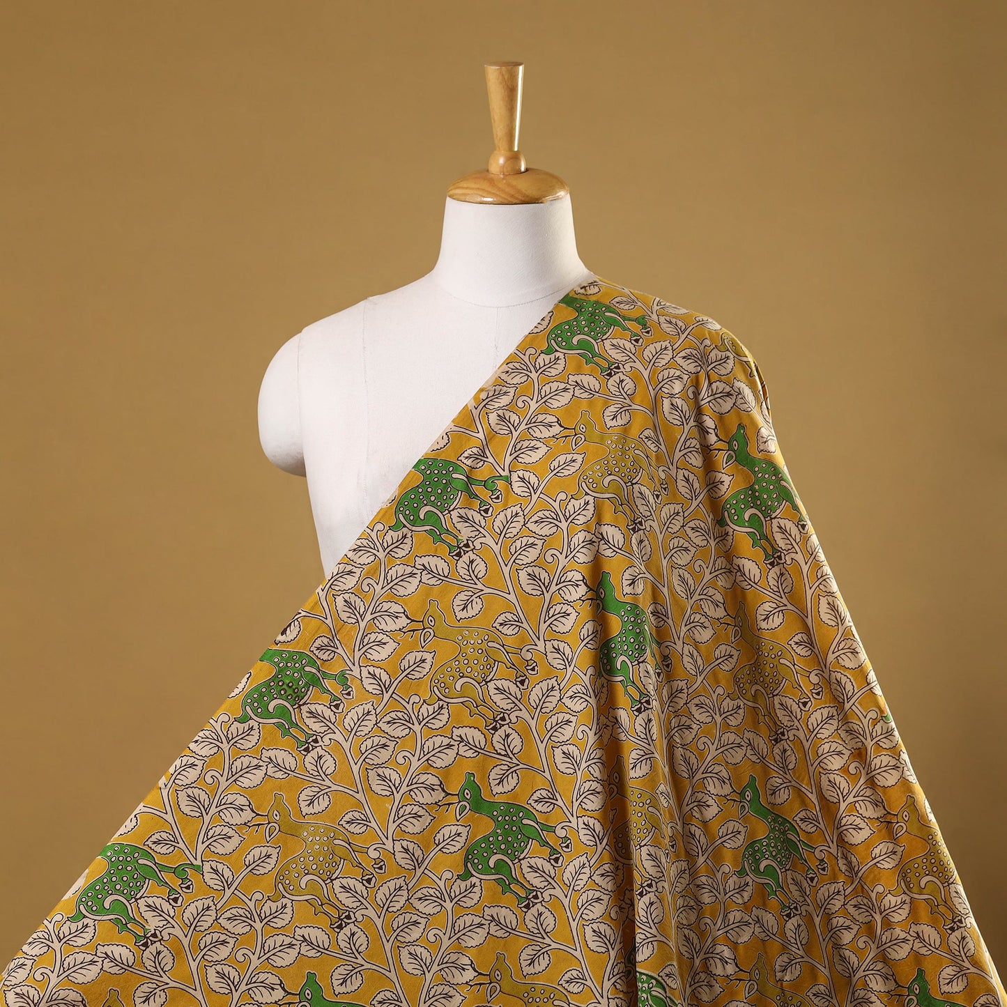 Yellow Printed Cotton Kalamkari Fabric