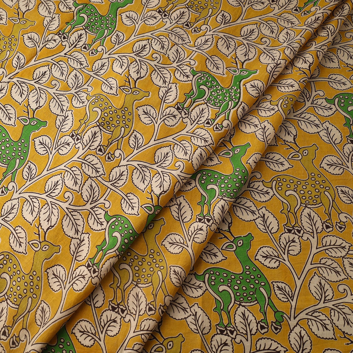 Yellow Printed Cotton Kalamkari Fabric