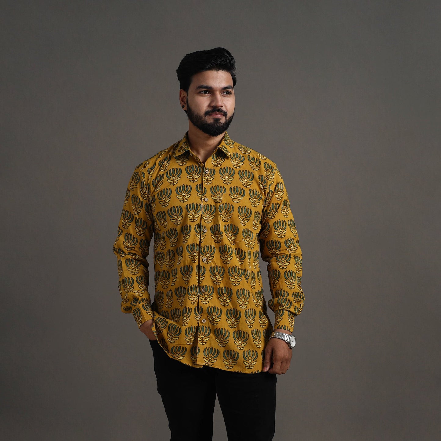 Yellow - printed cotton men full sleeve shirt 18