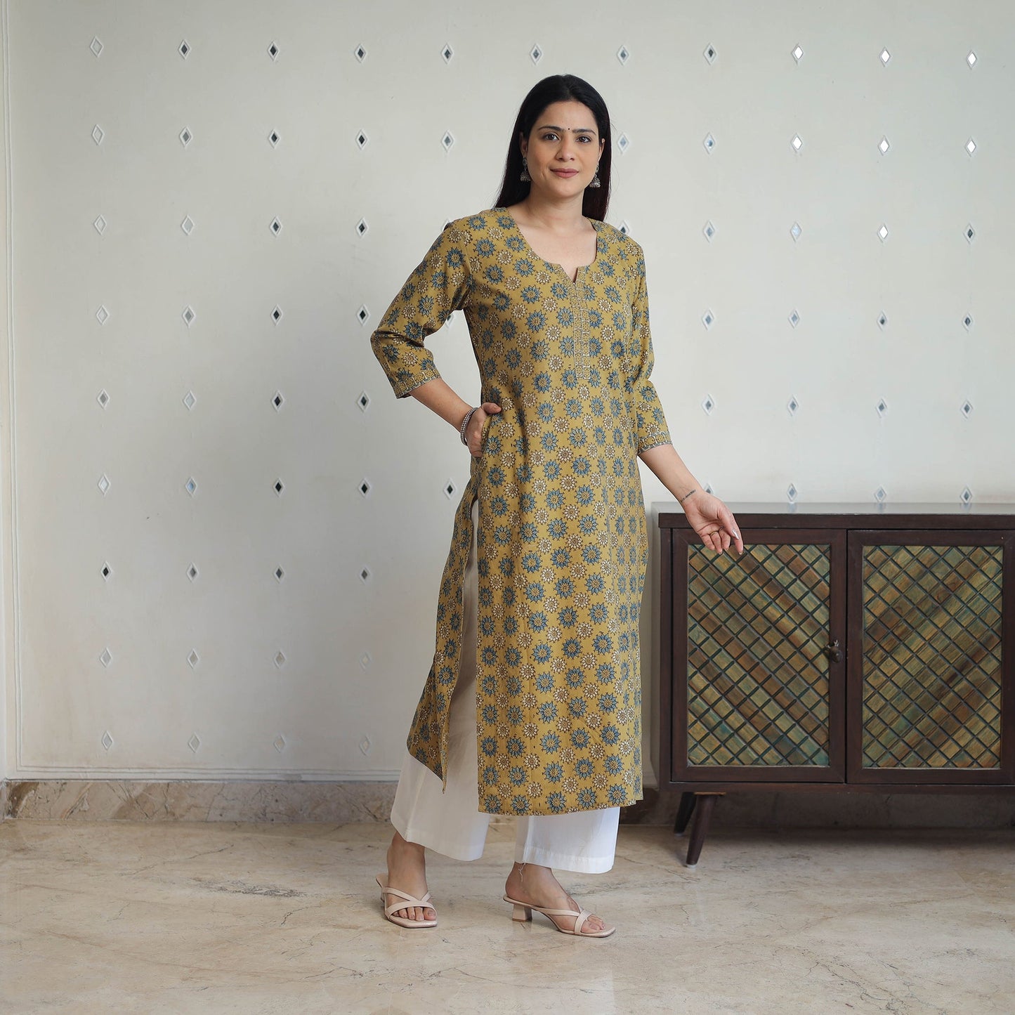 Yellow - printed cotton straight kurta 29 - handcrafted
