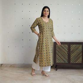 Yellow - printed cotton straight kurta 29 - handcrafted