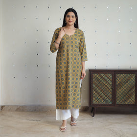 Yellow - printed cotton straight kurta 29 - handcrafted