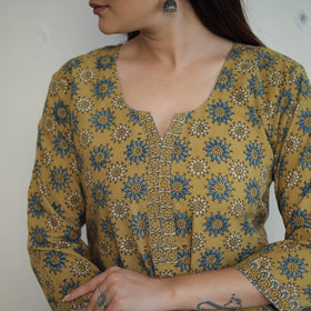 Yellow - printed cotton straight kurta 29 - handcrafted