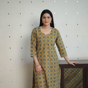 Yellow - printed cotton straight kurta 29 - handcrafted
