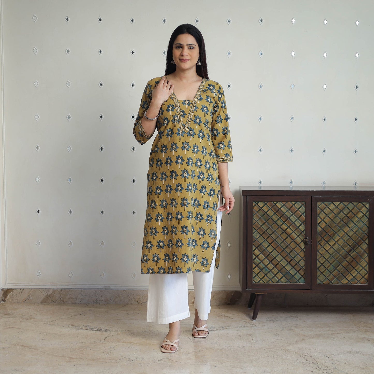 Shop Yellow Block Printed Cotton Straight Ajrakh Kurta Online
