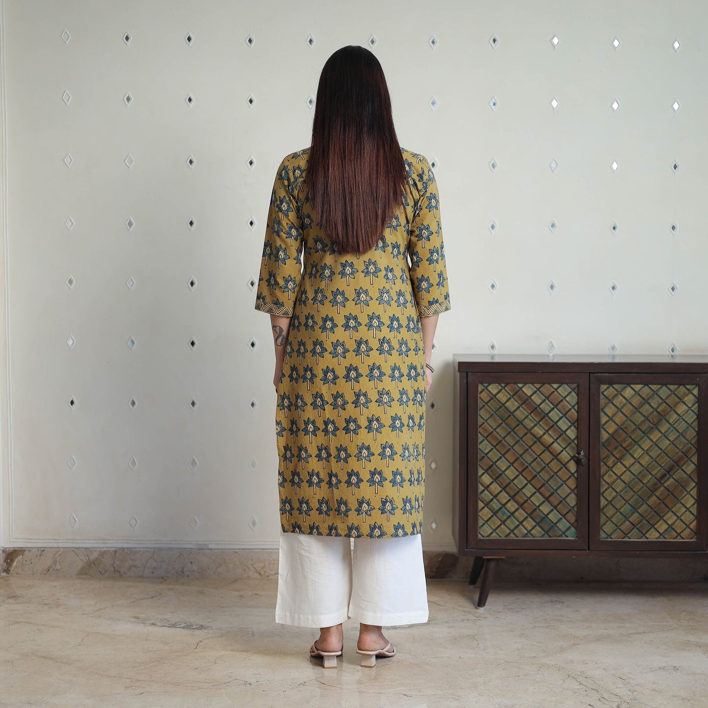Shop Yellow Block Printed Cotton Straight Ajrakh Kurta Online