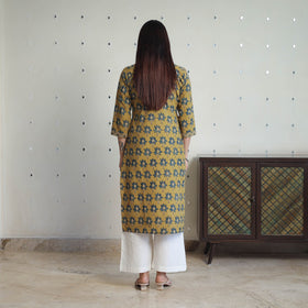 Shop Yellow Block Printed Cotton Straight Ajrakh Kurta Online
