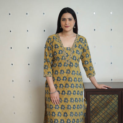 Shop Yellow Block Printed Cotton Straight Ajrakh Kurta Online