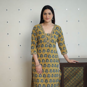 Shop Yellow Block Printed Cotton Straight Ajrakh Kurta Online