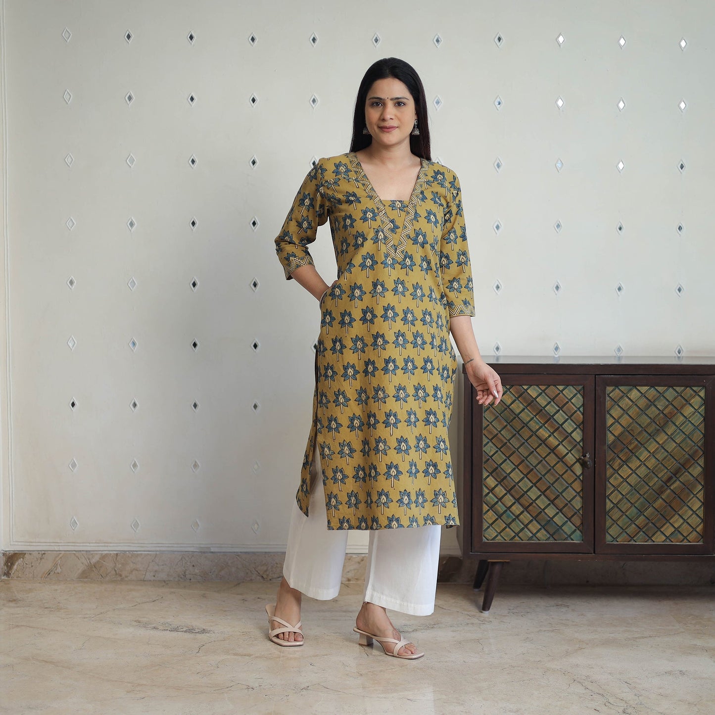 Shop Yellow Block Printed Cotton Straight Ajrakh Kurta Online