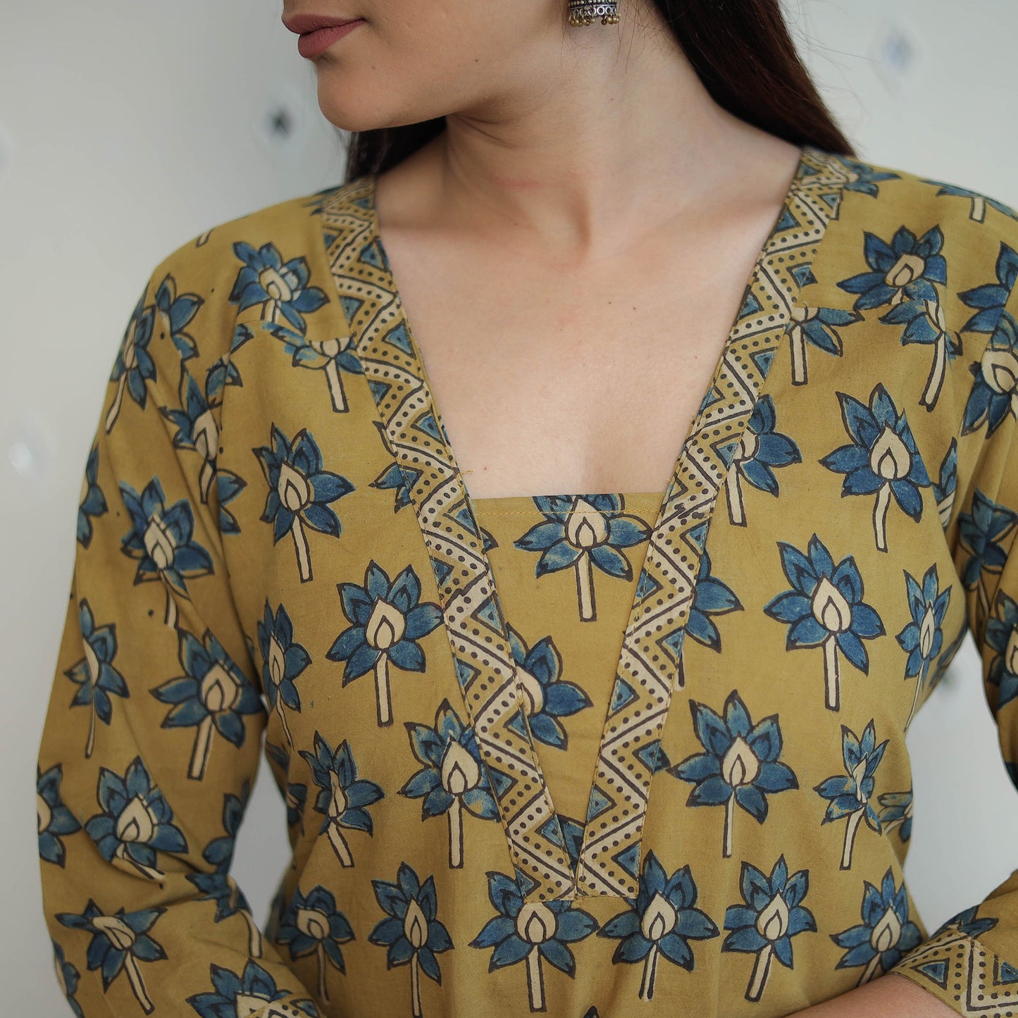 Shop Yellow Block Printed Cotton Straight Ajrakh Kurta Online