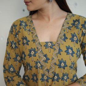 Shop Yellow Block Printed Cotton Straight Ajrakh Kurta Online