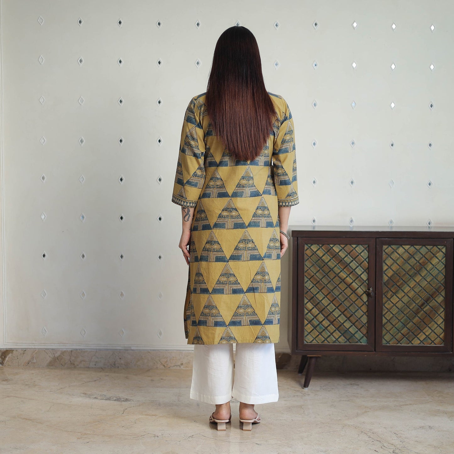 Yellow - printed cotton straight kurta 35 - handcrafted