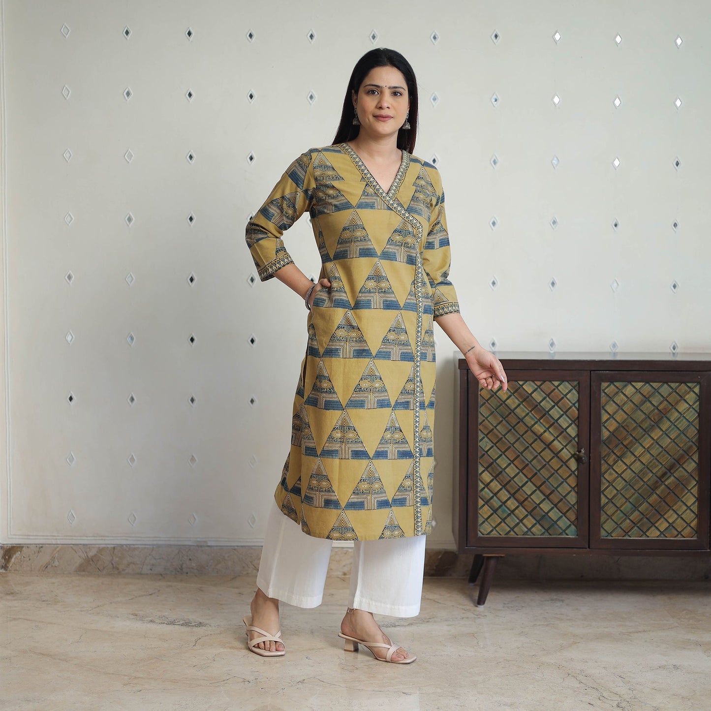 Yellow - printed cotton straight kurta 35 - handcrafted