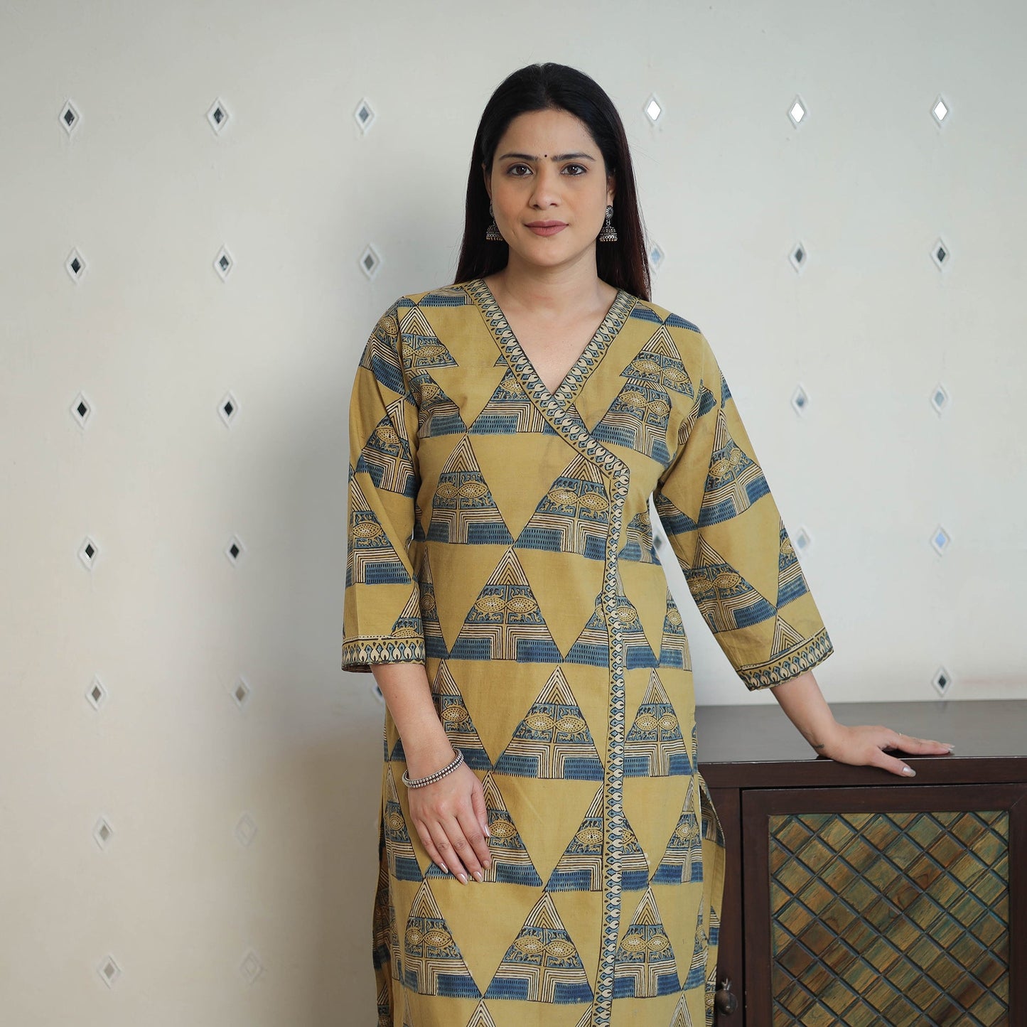 Yellow - printed cotton straight kurta 35 - handcrafted