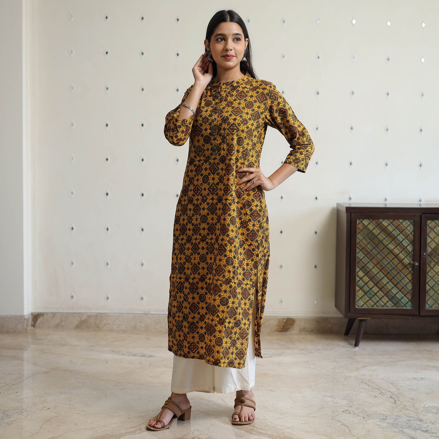 Ajrakh Block Printed Cotton Straight Long Kurta for Women